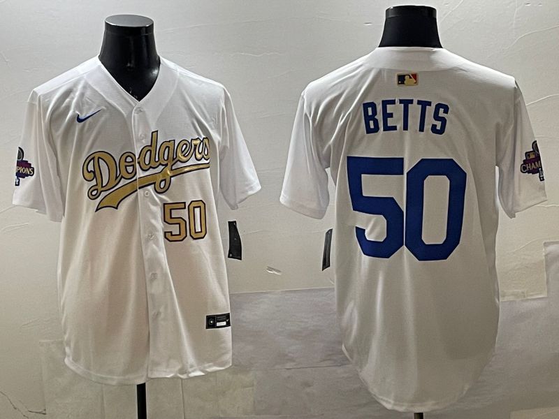 Men Los Angeles Dodgers #50 Betts White Champion gold character 2025 Nike MLB Jersey style 3317->los angeles dodgers->MLB Jersey